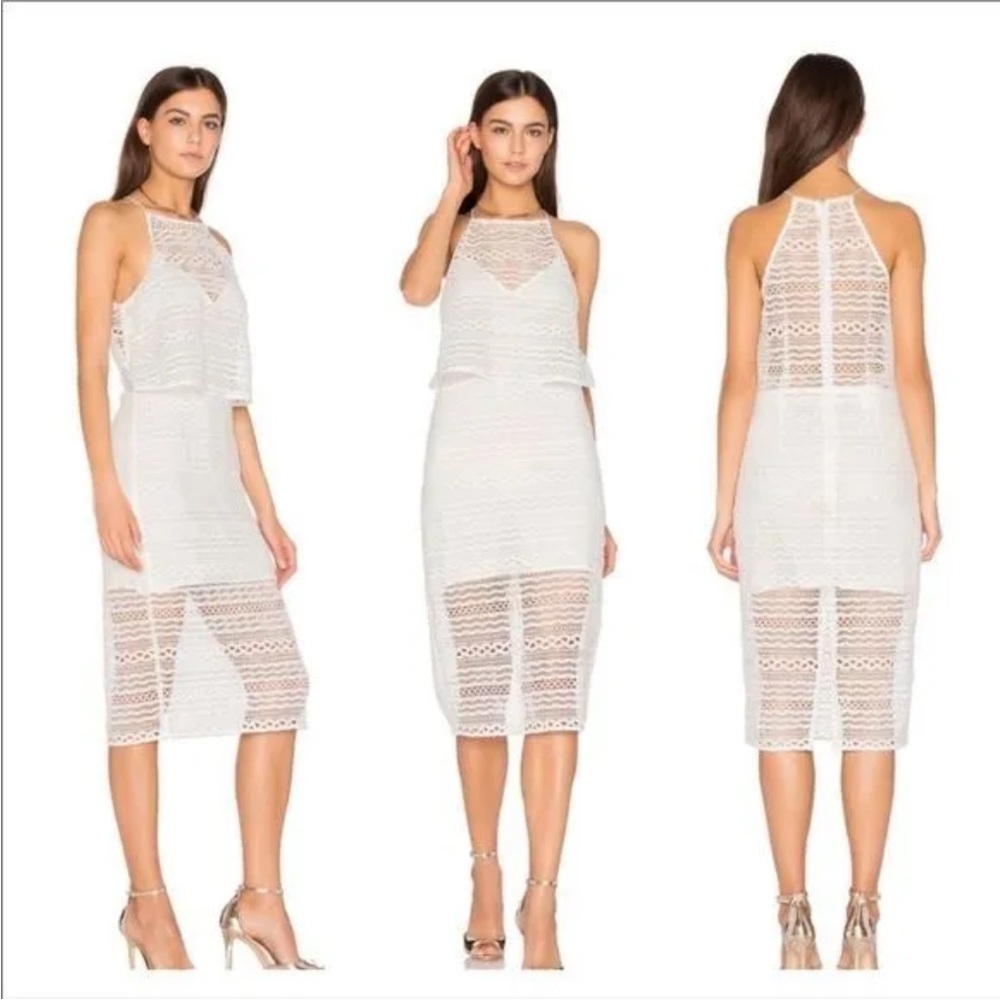 Line + Dot Daiguiri Geo Lace Midi Dress White Halter Style Partially Lined Sexy